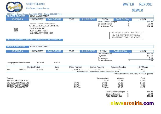 USA California City of Oxnard business utility bill